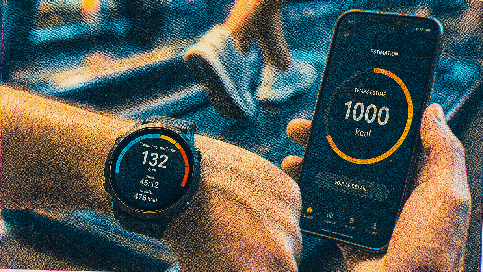 Bruler 1000 calories par jour : montre sport et “1000 kcal” sur smartphone