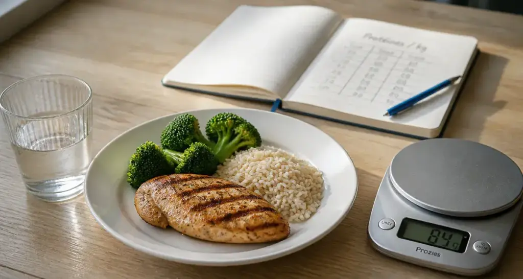 1,5 g/kg de protéines pour maigrir : exemple assiette et balance cuisine, combien de proteine par jour pour une femme pour maigrir