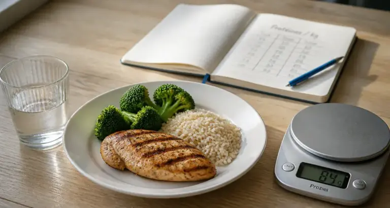 1,5 g/kg de protéines pour maigrir : exemple assiette et balance cuisine, combien de proteine par jour pour une femme pour maigrir