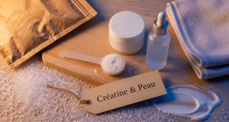 Cr9atine effet sur la peau : poudre dans une cuill2re et cr8me sur planche