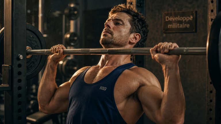 Developpe militaire muscles sollicites : épaules, trapèzes, triceps, rack et barre