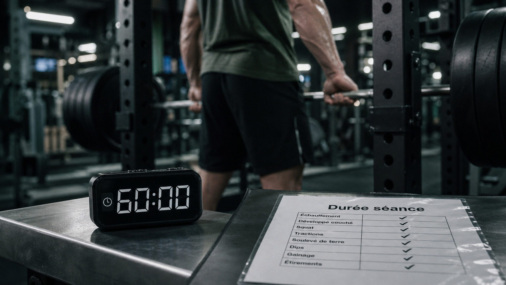 Durée séance musculation 60 minutes, chronomètre en salle de sport