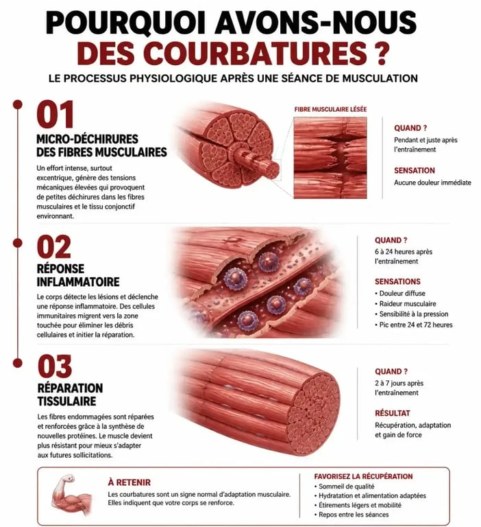 Infographie explicative sur les courbatures après musculation et le processus de réparation musculaire