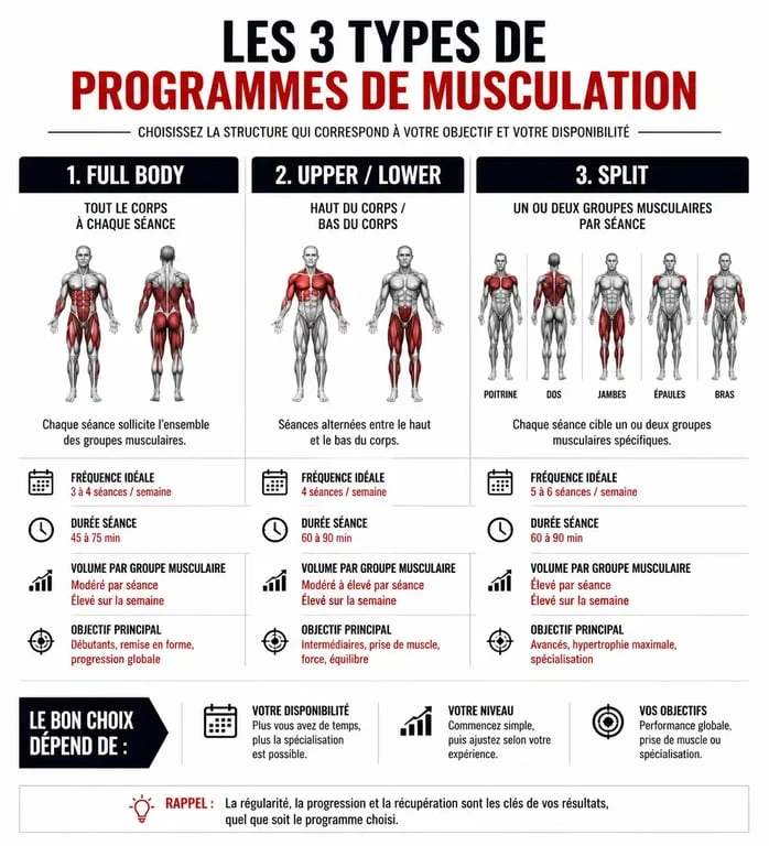 Infographie comparative des programmes de musculation : Full Body, Upper/Lower et Split pour optimiser votre programme musculation pour une semaine