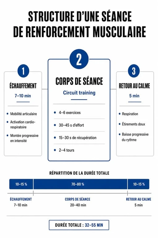 Infographie illustrant la structure idéale d'une séance de renforcement musculaire pour débutants et confirmés
