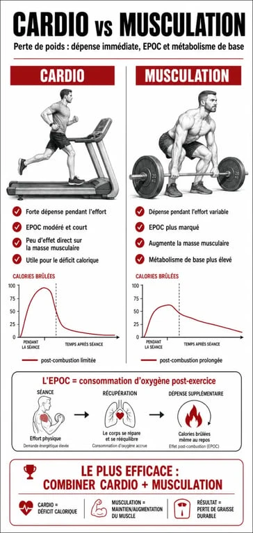 Infographie comparant les effets de la musculation et du cardio sur la perte de poids et le métabolisme pour maigrir par la musculation.