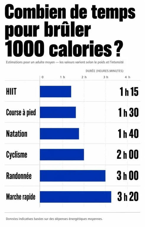 Infographie comparant les durées d'activités physiques pour bruler 1000 calories par jour