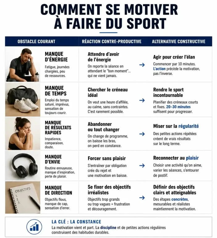 Infographie sur la motivation sportive : comment surmonter les obstacles courants pour faire du sport.
