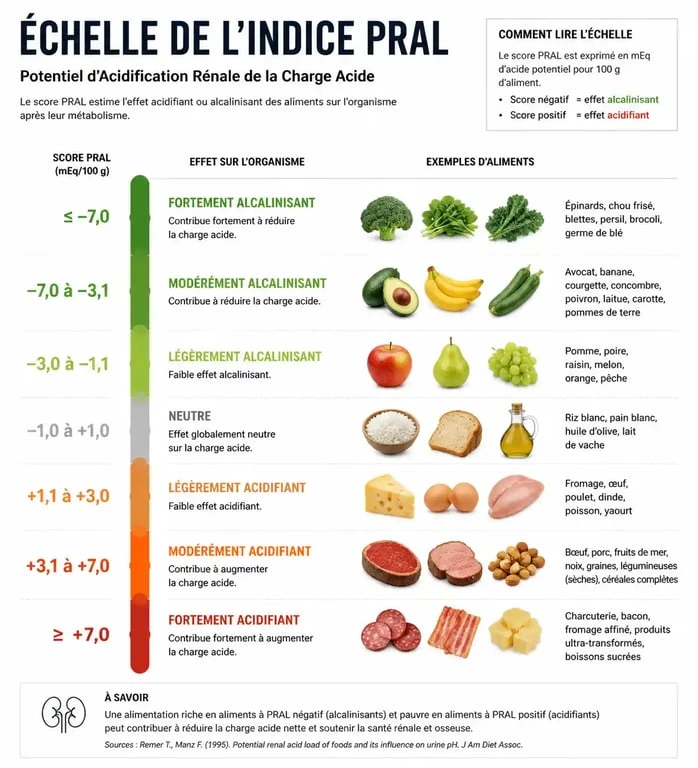 Infographie de l'indice PRAL pour identifier les aliments acidifiants et éviter l'accumulation d'acide lactique