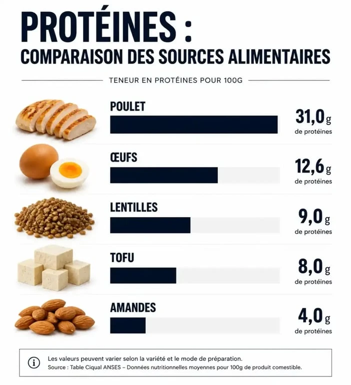 Infographie comparative des sources de protéines animales et végétales pour un repas riche en protéines