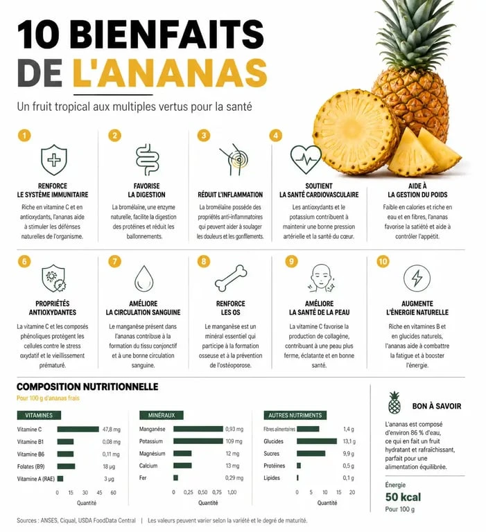 Infographie des 10 bienfaits de l'ananas pour la santé et profil nutritionnel
