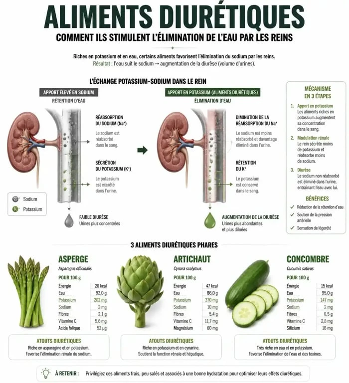Infographie sur les mécanismes des aliments diurétiques et leur rôle dans l'équilibre hydrique du corps