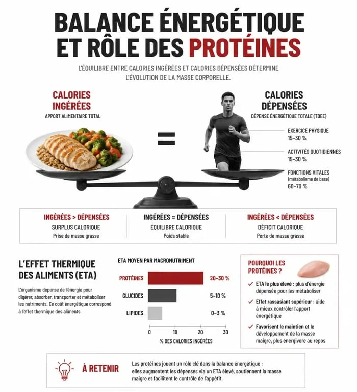 Infographie sur la relation entre les protéines et la balance énergétique pour comprendre si les protéines font grossir.