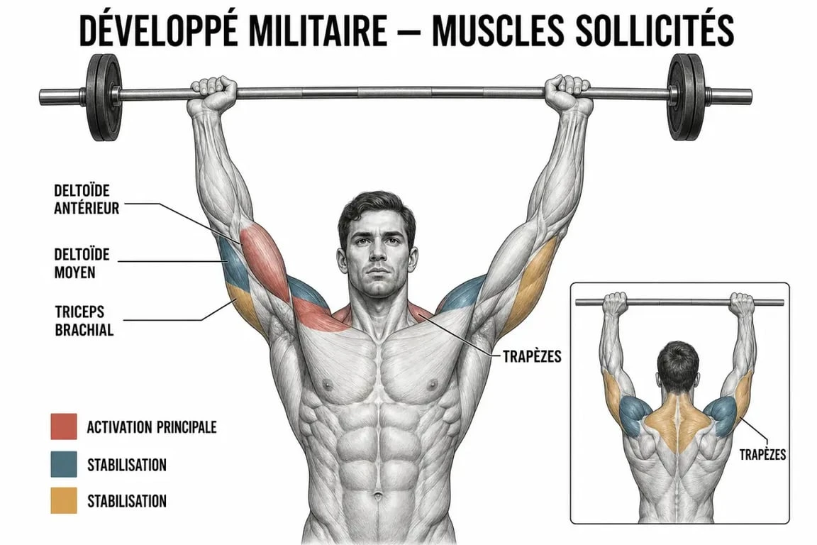 Schéma des muscles sollicités lors du développé militaire