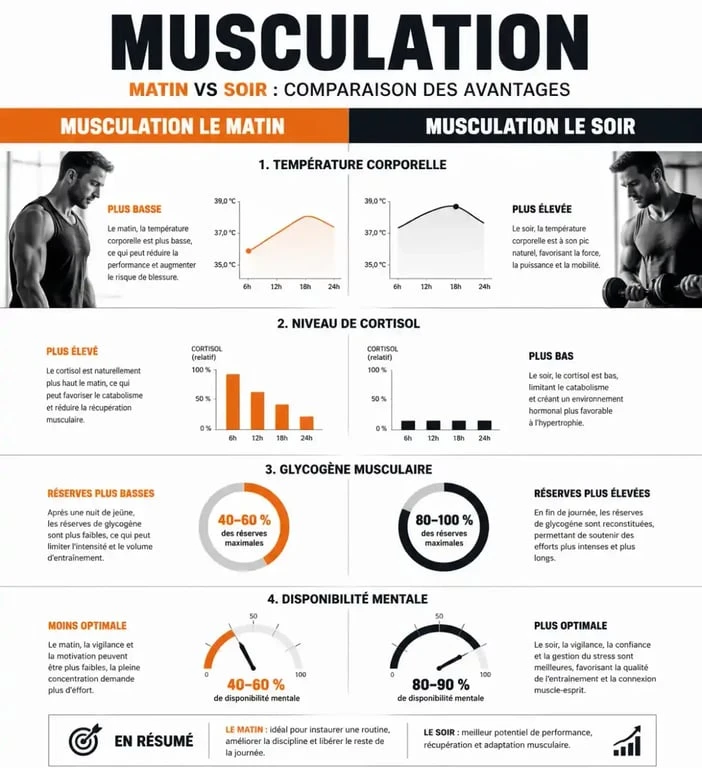 Infographie comparative musculation le matin vs le soir pour optimiser ses résultats
