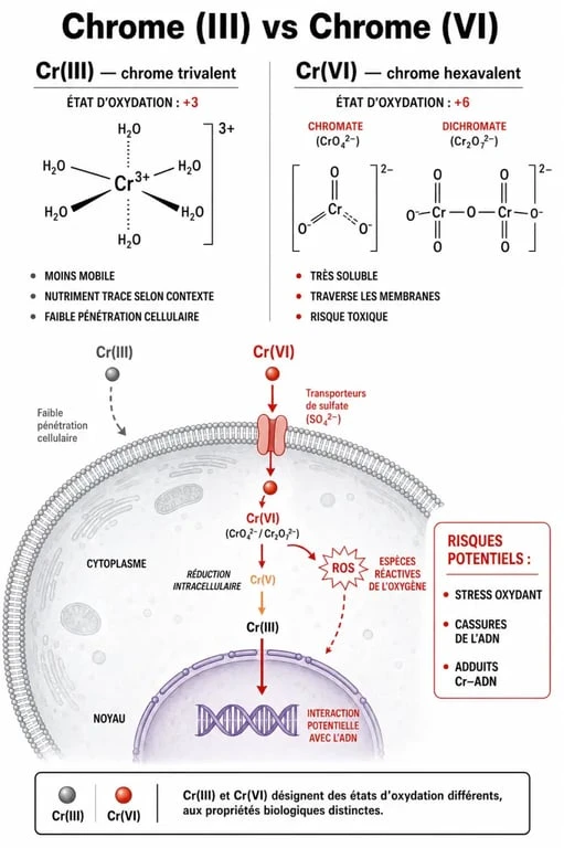 Infographie sur les dangers du picolinate de chrome et la différence entre chrome III et VI