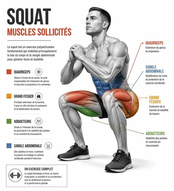 Schéma anatomique des muscles sollicités lors du squat