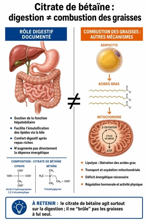 Infographie comparant les effets du citrate de bétaïne et des brûle-graisses sur la digestion et le métabolisme