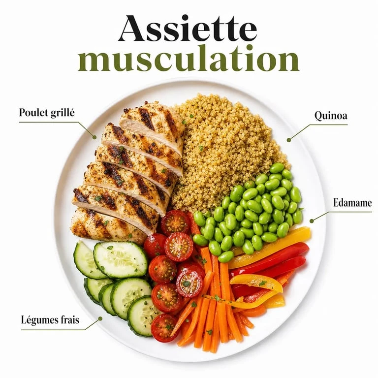 Assiette équilibrée riche en protéines pour la musculation avec poulet, quinoa et edamames