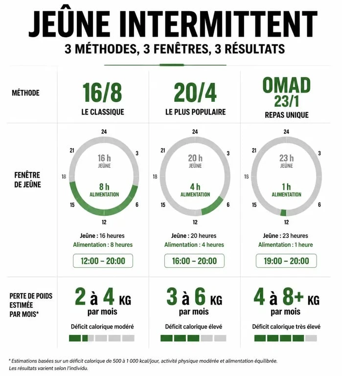 Comparatif des méthodes de jeûne intermittent et perte de poids estimée avec le régime OMAD 1 repas par jour
