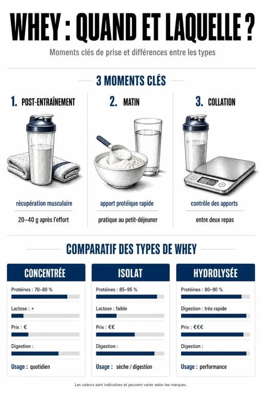 Infographie sur le timing et les types de whey protéine pour les sportifs