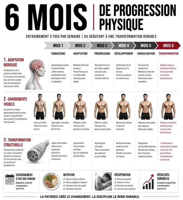 Infographie des résultats de la musculation 5 fois par semaine sur 6 mois