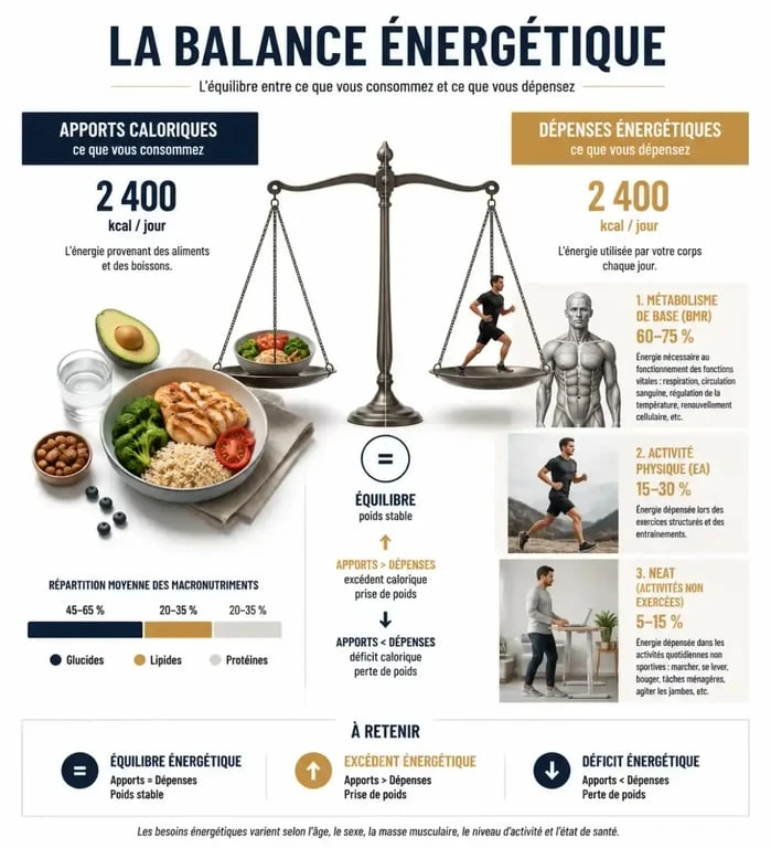 Schéma explicatif du principe du déficit calorique pour la perte de poids