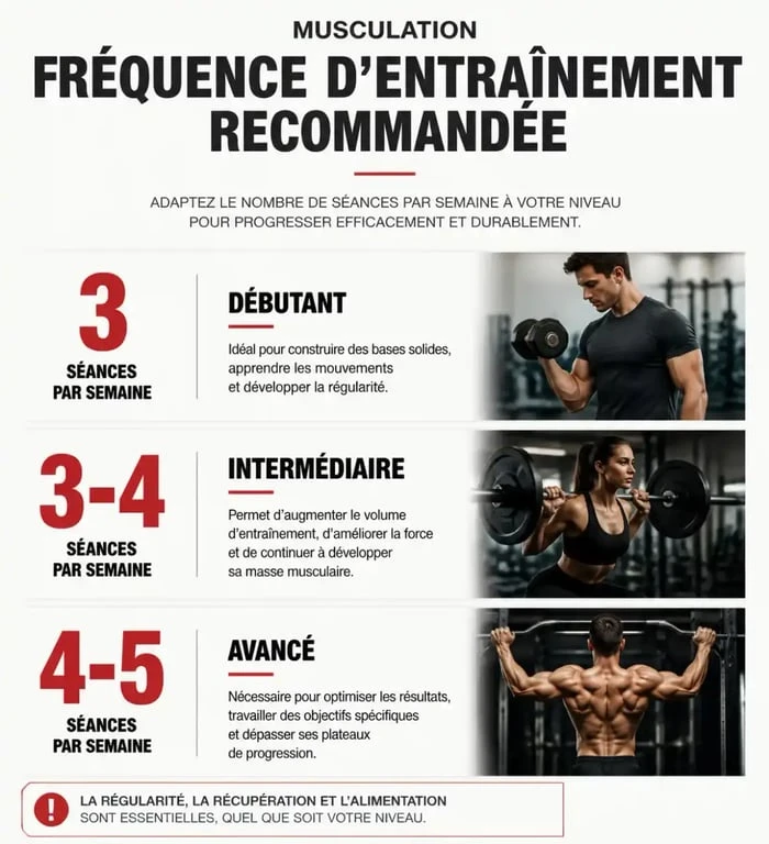 Infographie sur la fréquence idéale de musculation tous les jours selon le niveau