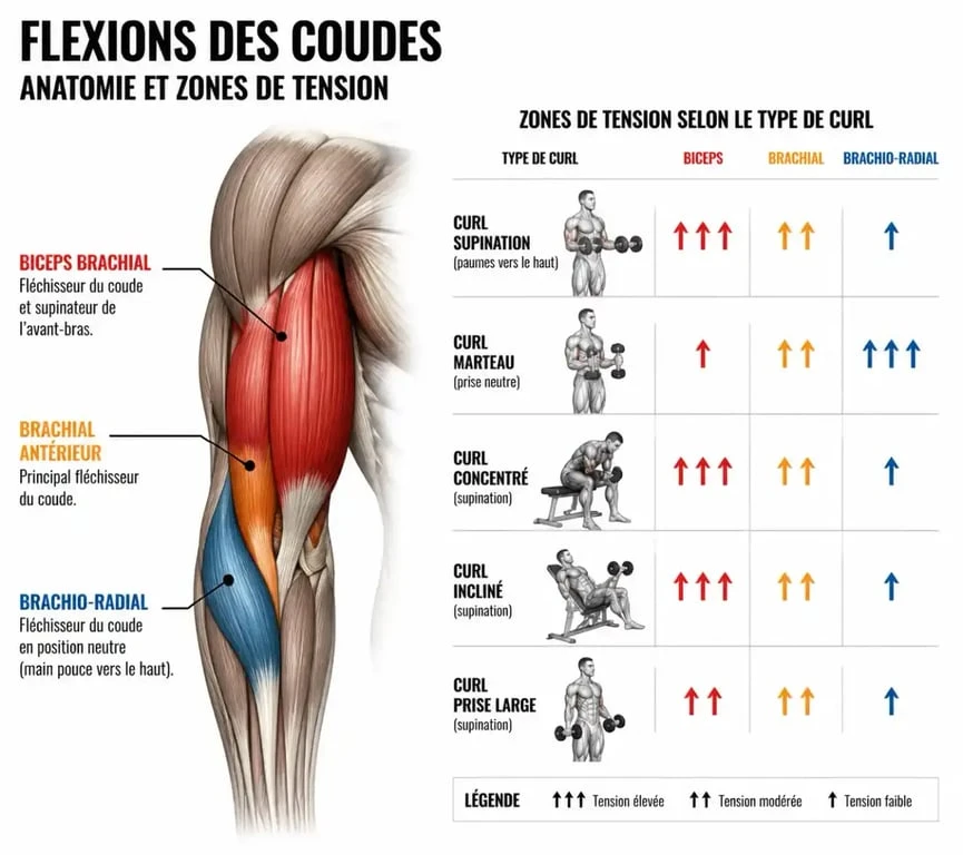 Schéma anatomique des muscles du bras sollicités par les exercices biceps avec haltères