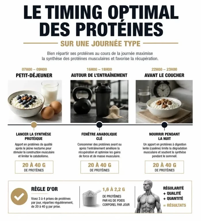 Infographie sur le timing optimal pour prendre sa protéine tout au long de la journée