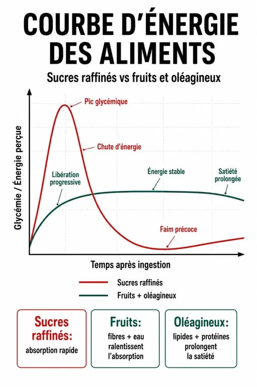 Infographie sur les aliments qui donnent de l'énergie rapidement et leur impact sur la glycémie