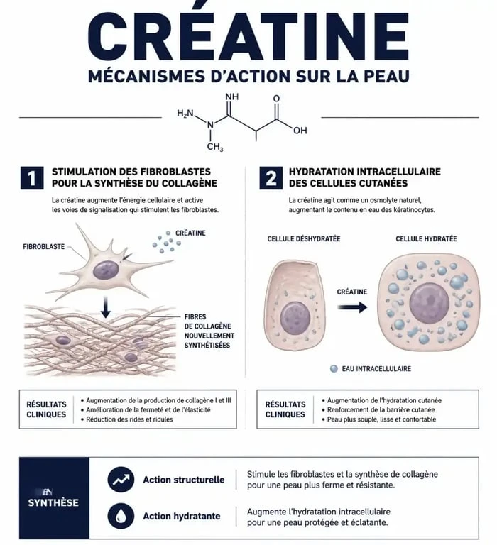 Schéma explicatif des effets de la créatine sur la peau et le collagène