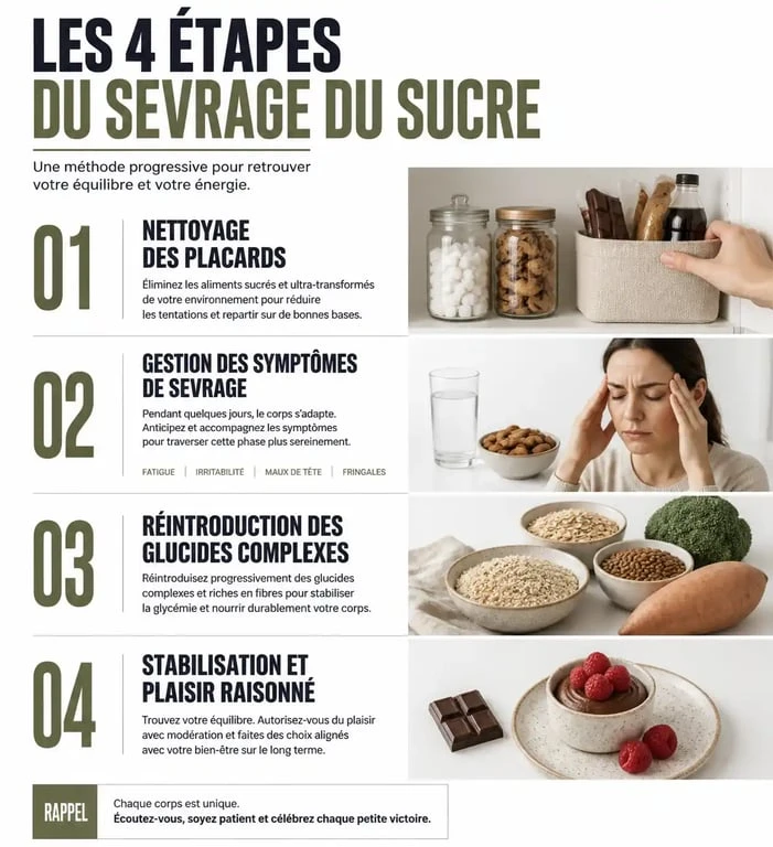 Infographie des 4 étapes pour supprimer le sucre de son alimentation et réussir son sevrage