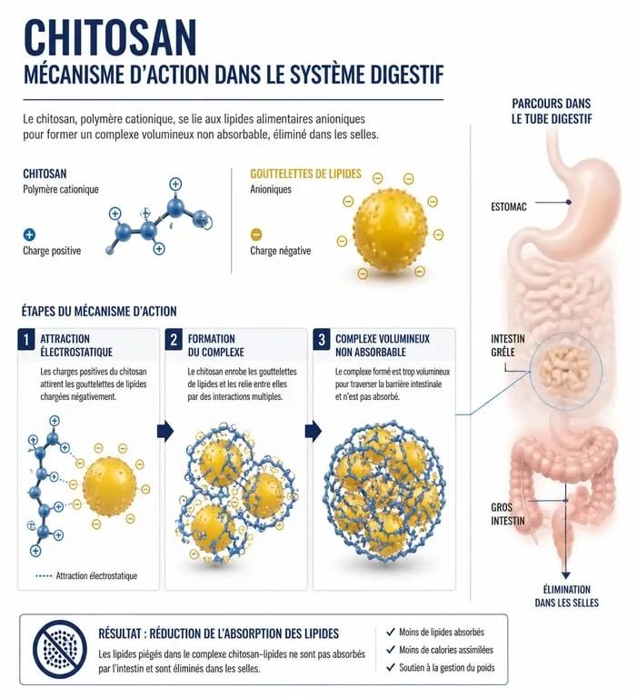 Schéma explicatif du mécanisme d'action du chitosan comme capteur de graisses alimentaires