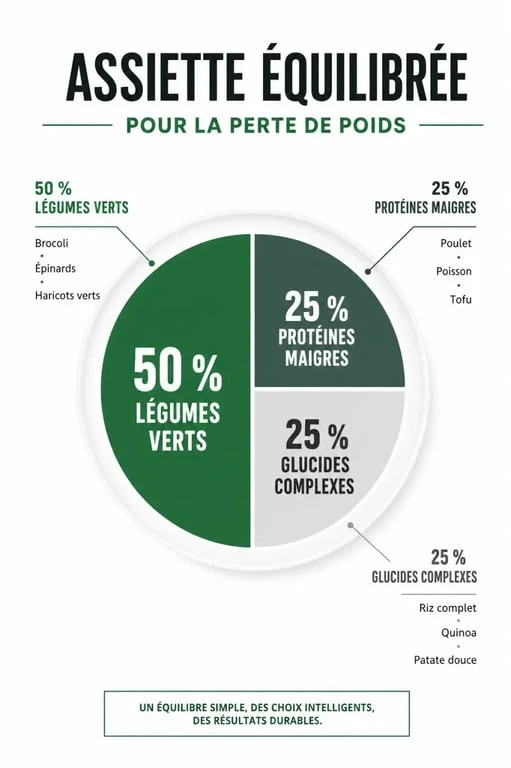 Infographie de la règle des trois tiers pour savoir quoi manger en régime et composer une assiette équilibrée