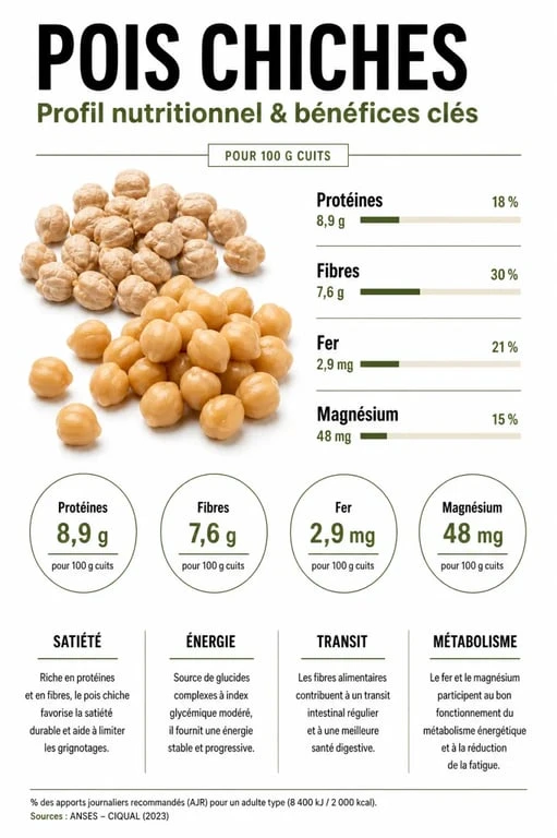 Infographie sur les bienfaits des pois chiches pour la santé et leurs apports nutritionnels