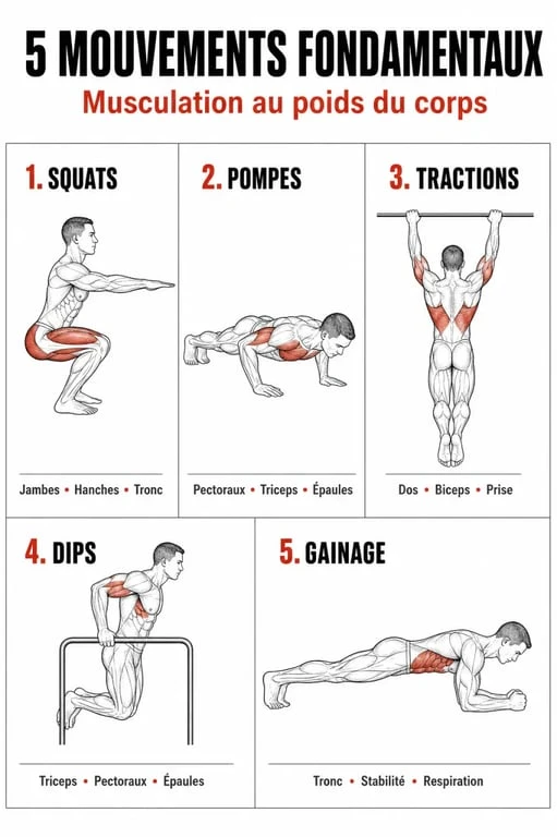 Infographie des 5 mouvements fondamentaux pour un programme de musculation poids du corps efficace