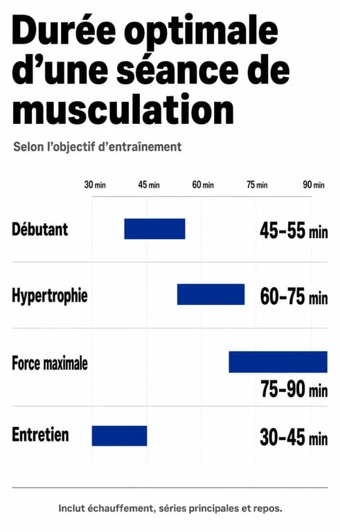 Infographie sur la durée idéale d'une séance de musculation selon les objectifs d'entraînement