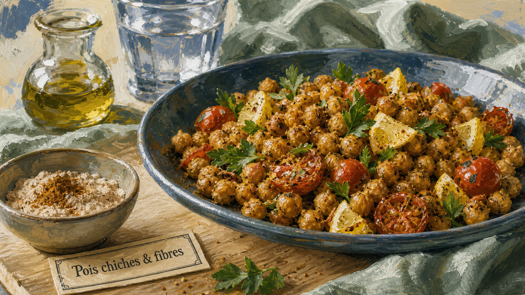Les bienfaits des pois chiches : assiette de pois chiches rôtis, 17g fibres, microbiote