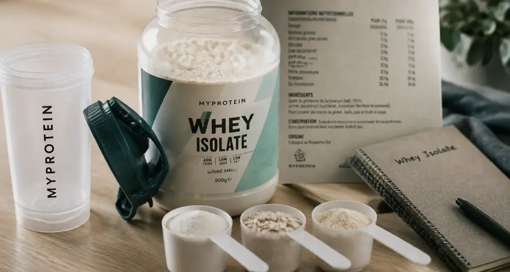 Meilleur proteine prise de masse : whey isolate et shaker sur table