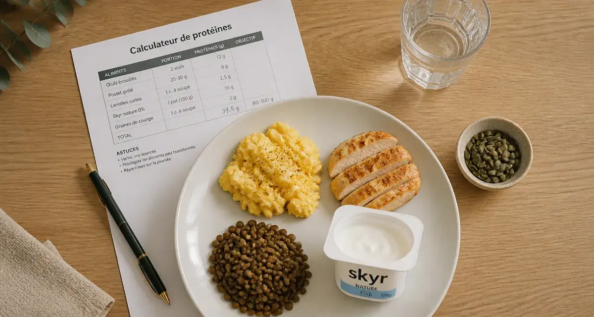 Repas riche en proteine : assiette 25 g avec poulet, œufs, skyr et lentilles
