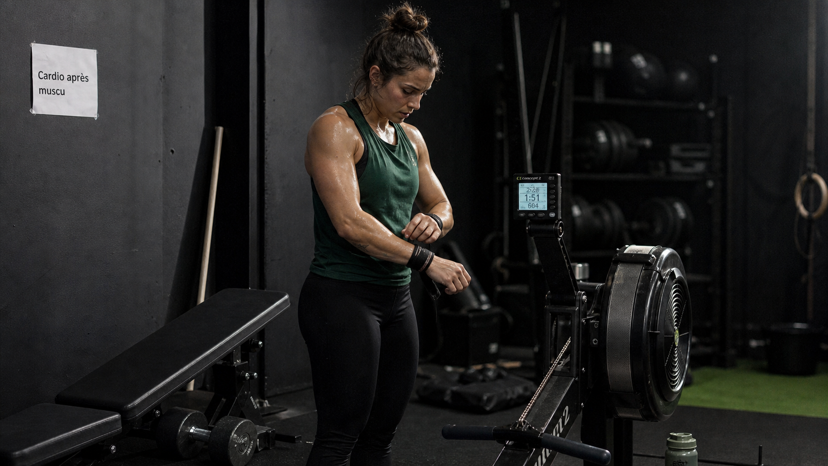 Cardio avant apres muscu en salle : haltère et rameur pour force et perte de poids