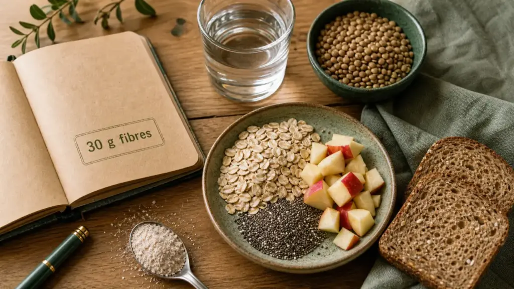 Combien de gramme de fibre par jour : flocons d’avoine, chia, lentilles et psyllium sur table