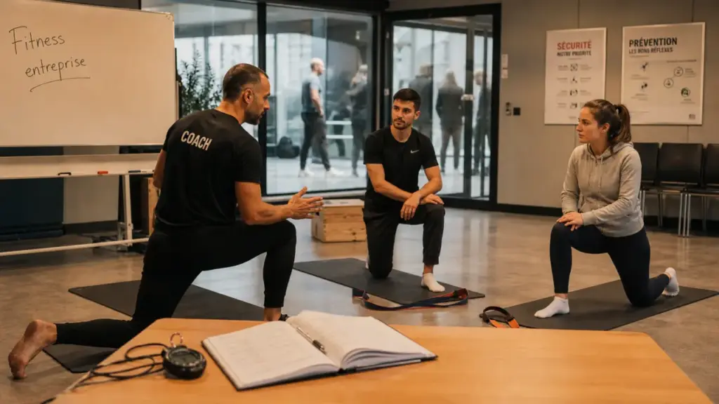 Coach montre des exercices de mobilité : cours fitness en entreprise Lyon