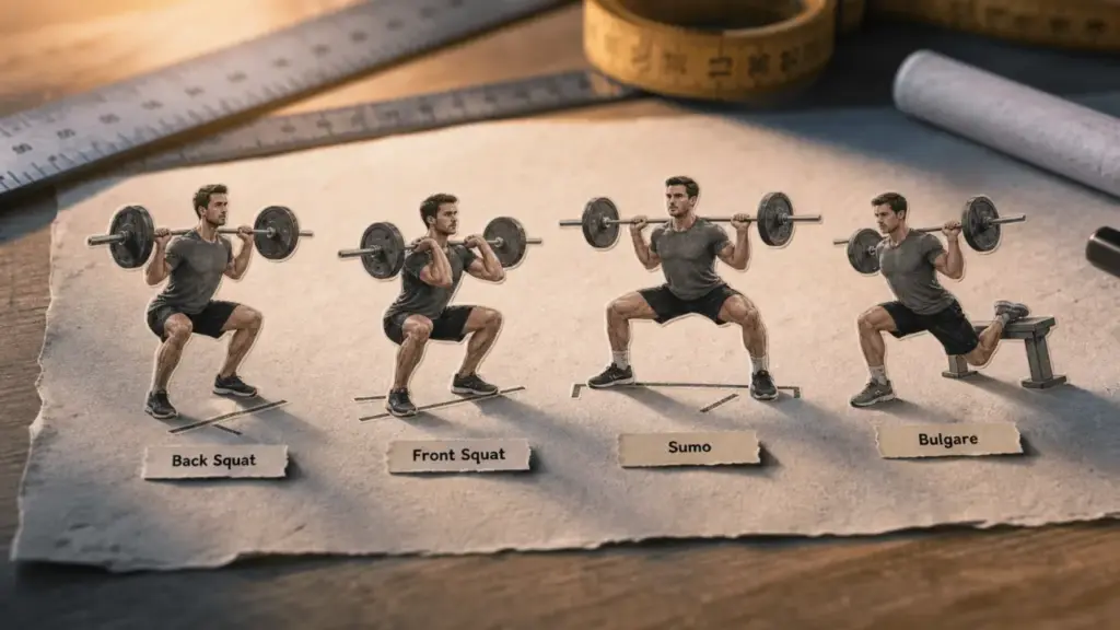 Different type de squat : Back, Front, Sumo et Bulgare