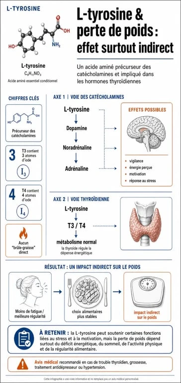 L-tyrosine et perte de poids : infographie sur les mécanismes, le stress et le métabolisme