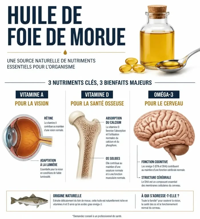 Infographie des bienfaits de l'huile de foie de morue pour la santé et les apports nutritionnels