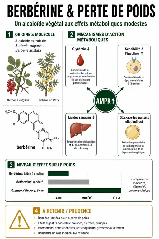 Infographie sur la berbérine perte de poids, ses mécanismes, ses limites et sa comparaison avec d’autres solutions minceur