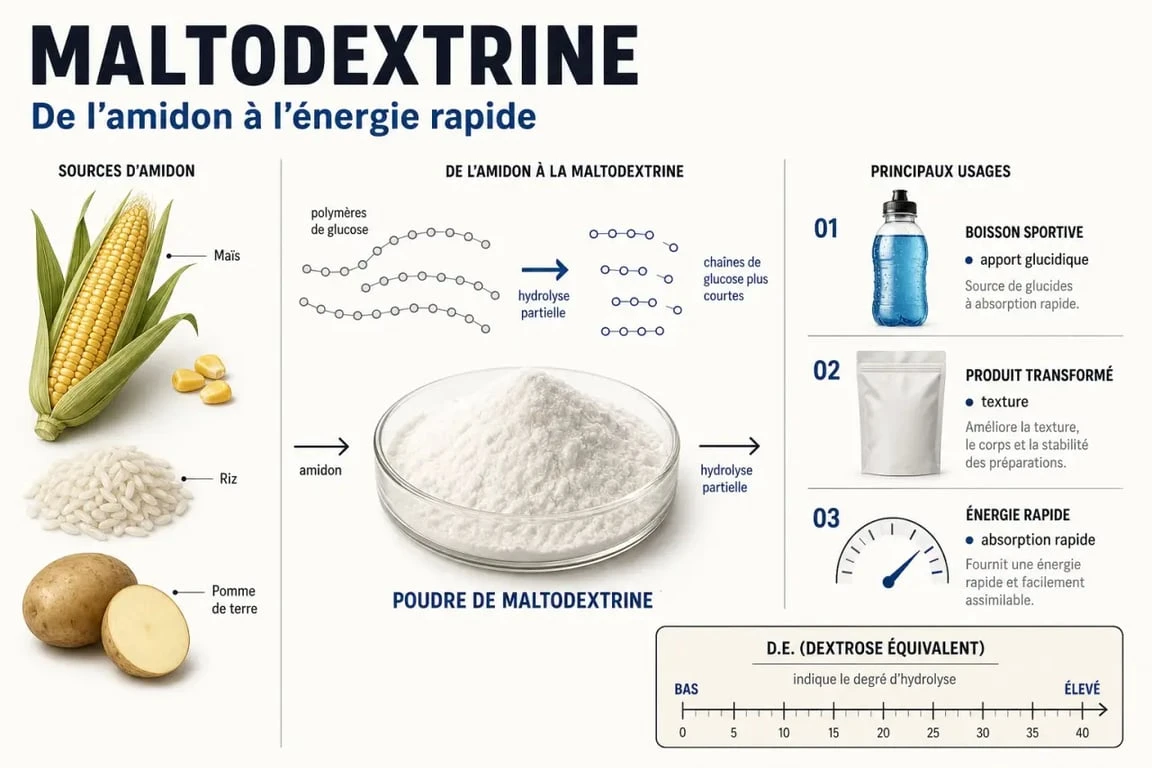 Infographie sur maltodextrine c est quoi, son origine, le D.E. et ses usages