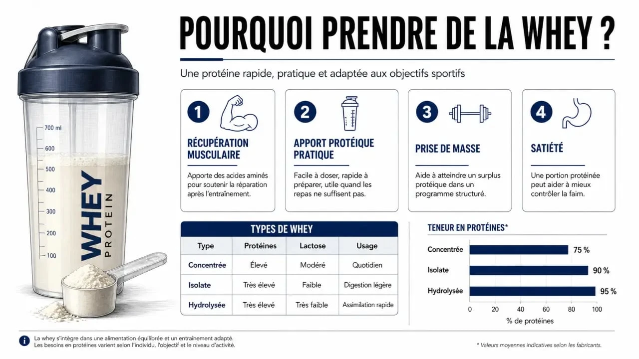 Pourquoi prendre de la whey : infographie sur les bénéfices, les types et le bon usage